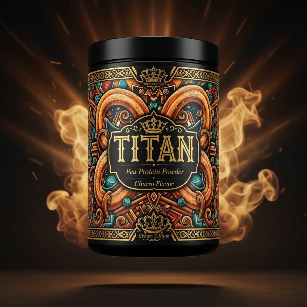 TITAN Pea Protein Powder — Churro, Crown Edition tattoo-style artwork