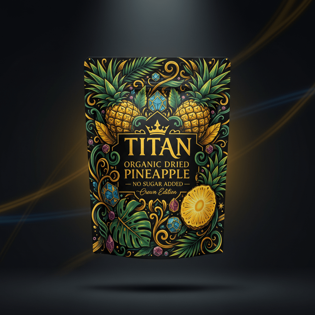 TITAN Organic Dried Pineapple — No Sugar Added, Crown Edition tattoo-style artwork