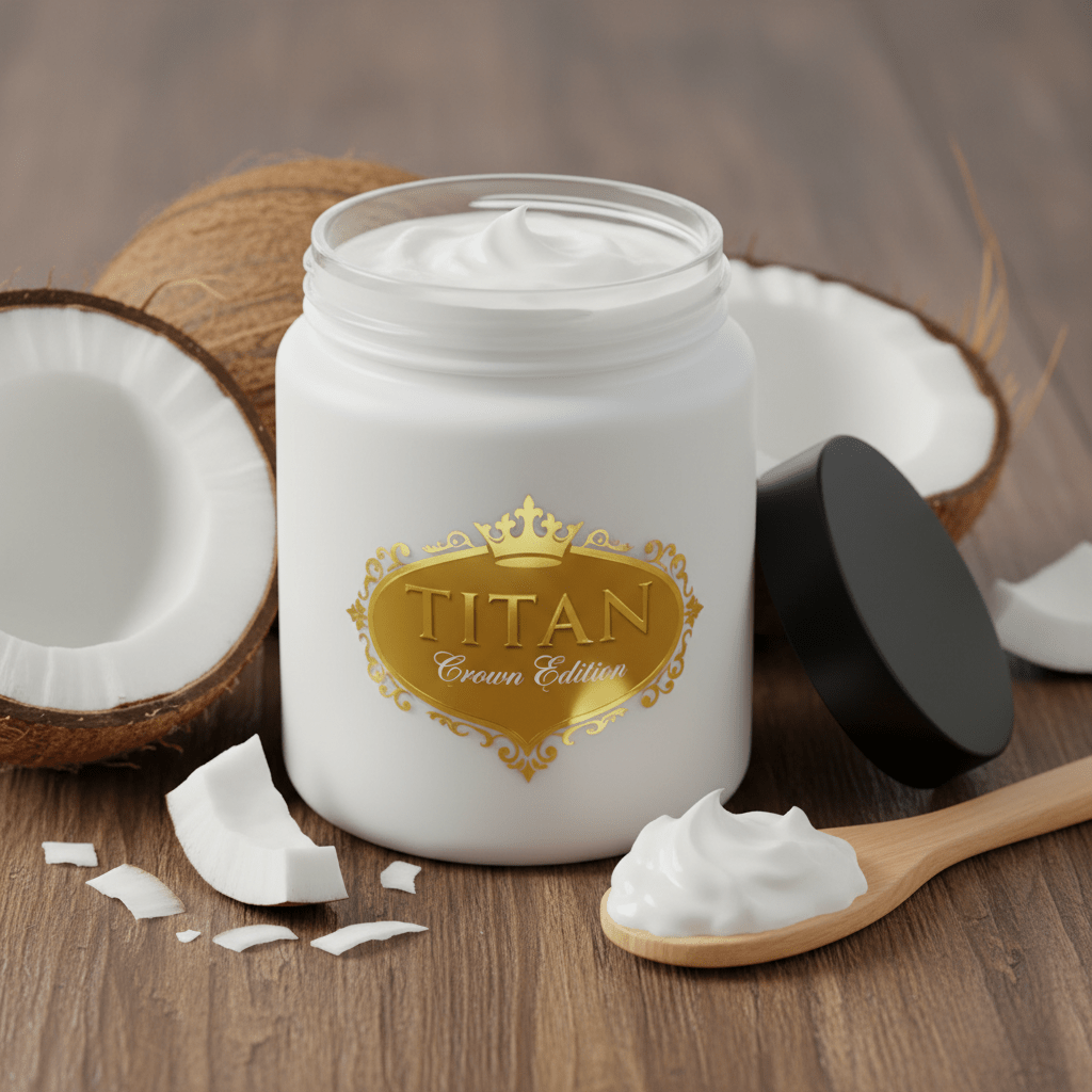 TITAN Organic Coconut Butter Raw Crown Edition — premium wide-mouth white glass jar product shot