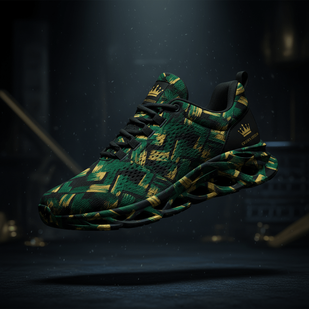 TITAN Crown Edition Women's Elite Training Shoe with bold geometric brushstroke artwork in emerald green and gold