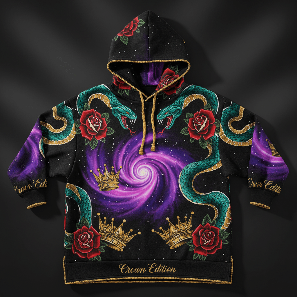 TITAN Crown Edition Tattoo Art Women's Lounge Hoodie Dress - bold colorful tattoo artwork on matte black fleece