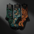 TITAN Printed Socks 3-Pack — Panther, koi fish and phoenix tattoo-style designs in emerald green, teal and electric orange