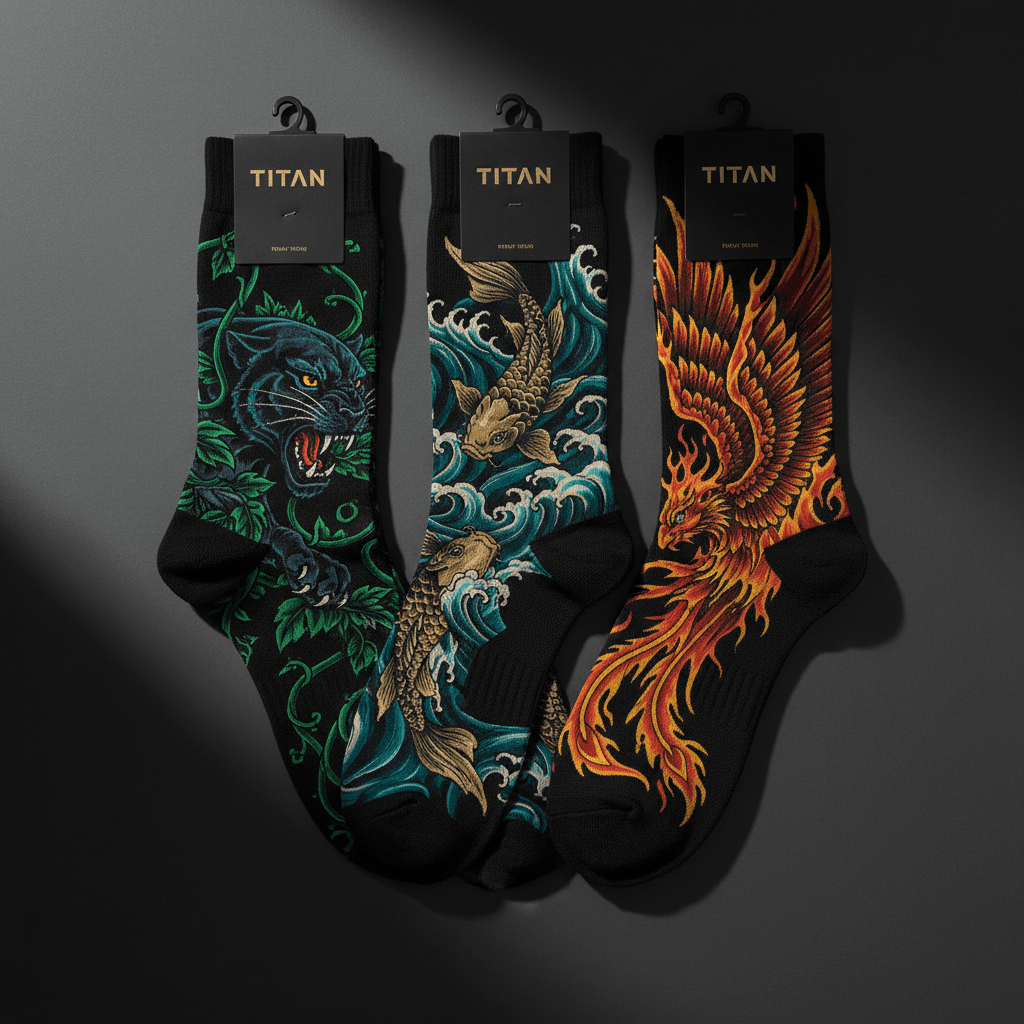 TITAN Printed Socks 3-Pack — Panther, koi fish and phoenix tattoo-style designs in emerald green, teal and electric orange