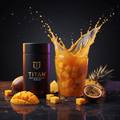 TITAN Keto Electrolyte Powder Tropical Punch — vibrant overhead splash shot with tropical punch explosion, mango, pineapple and passion fruit