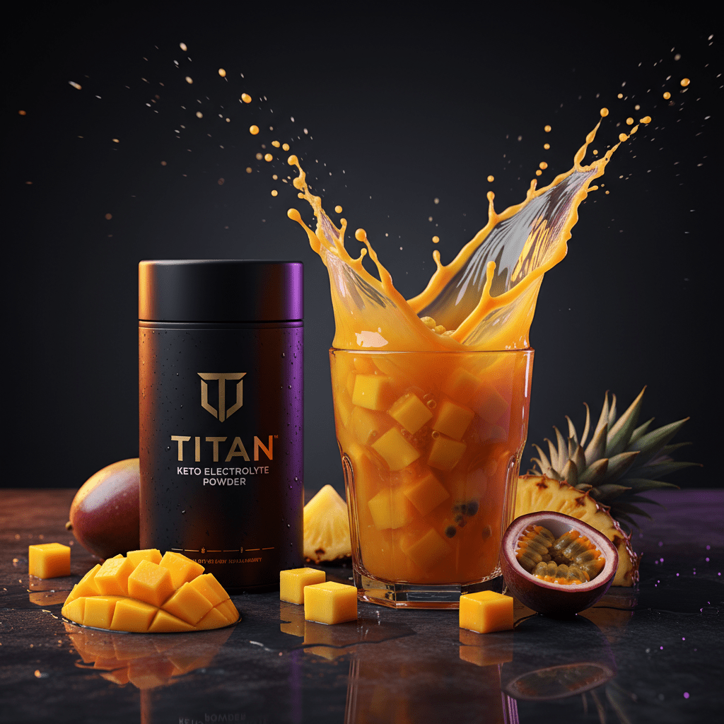 TITAN Keto Electrolyte Powder Tropical Punch — vibrant overhead splash shot with tropical punch explosion, mango, pineapple and passion fruit