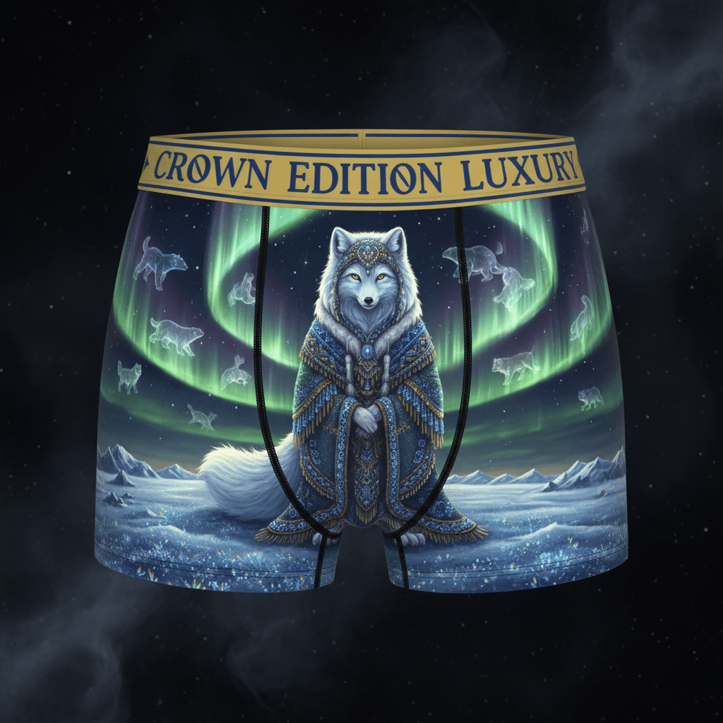 TITAN Inuit Shaman Arctic Fox Women's Cozy Boxer Shorts Crown Edition — arctic fox in Inuit shaman robes anime art on matte black