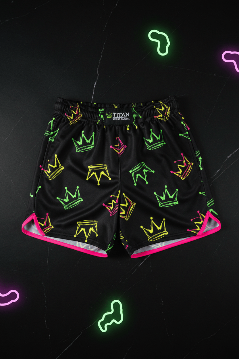 TITAN Kids Neon Crown Athletic Shorts flat lay Electric Royals SWAG Edition