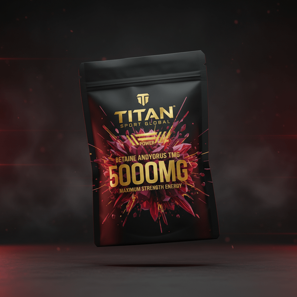 TITAN Betaine Anhydrous TMG powder container with 24K gold accents and bold sugar beet crystal formation artwork in deep burgundy, crimson and gold with 5000MG typography