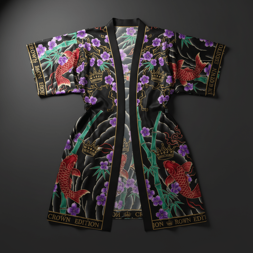 TITAN Crown Edition Tattoo Art Women's Lounge Kimono Robe - bold colorful tattoo artwork on matte black satin fabric