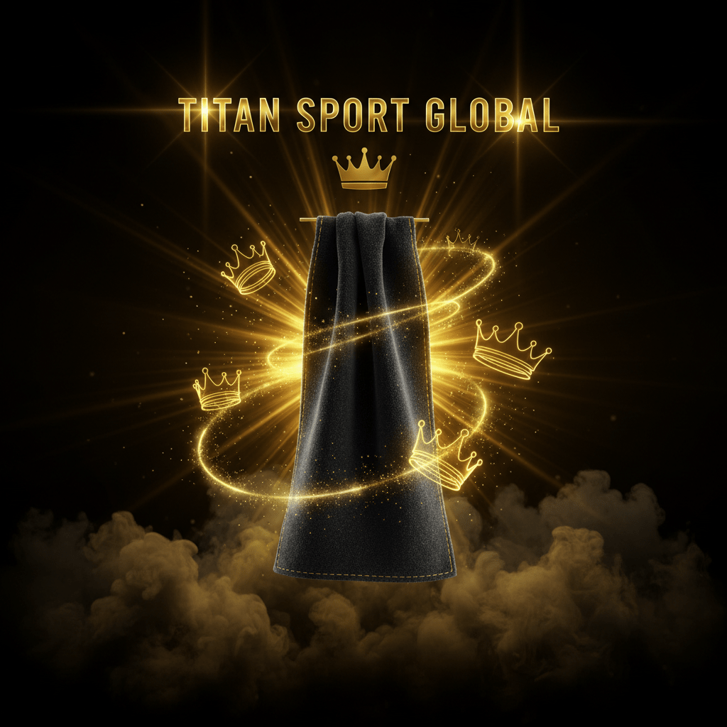 TITAN SPORT GLOBAL golf towel with gold crown branding on dark background