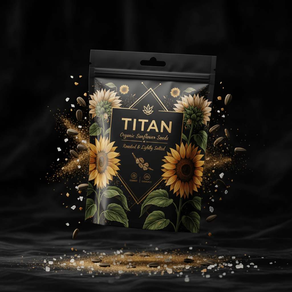TITAN Organic Sunflower Seeds Roasted & Lightly Salted — ultra-premium luxury editorial product shot