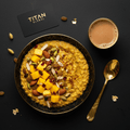TITAN Indian Golden Masala Oatmeal Breakfast flat lay dark luxury