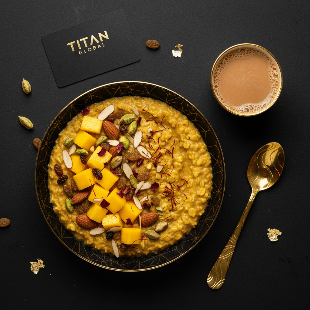 TITAN Indian Golden Masala Oatmeal Breakfast flat lay dark luxury