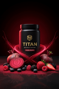 TITAN Beetroot Protein Powder Mixed Berry — bold athletic performance canister with deep crimson beetroot halves, mixed berries and powerful blood-red nitric oxide energy surge