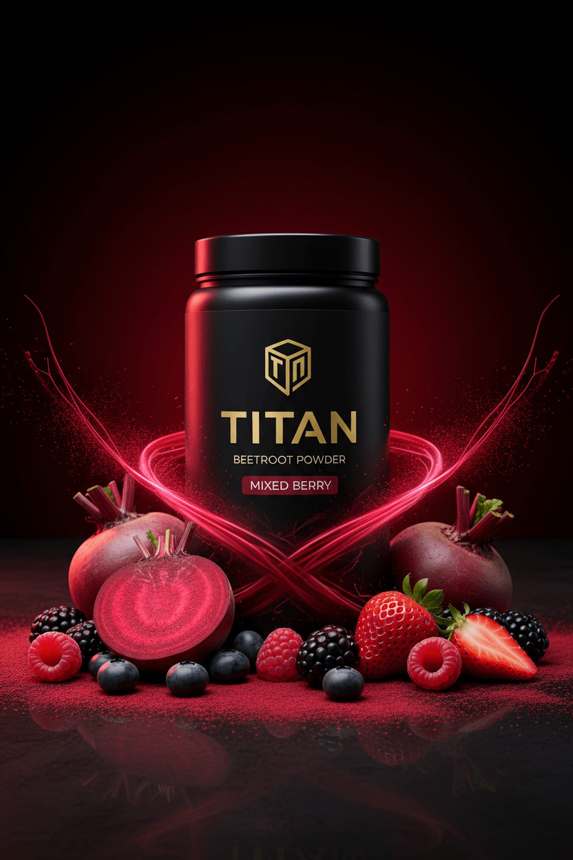TITAN Beetroot Protein Powder Mixed Berry — bold athletic performance canister with deep crimson beetroot halves, mixed berries and powerful blood-red nitric oxide energy surge