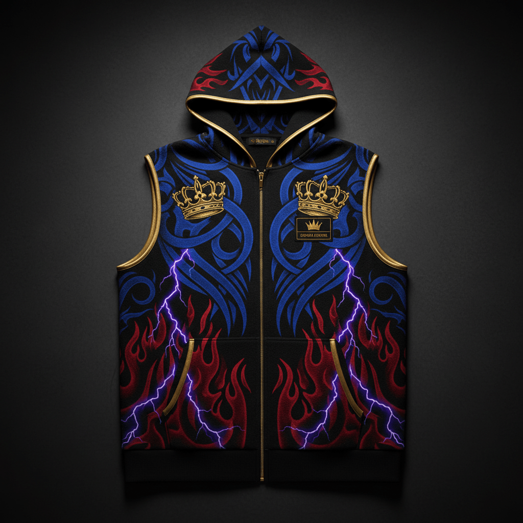 TITAN Crown Edition Tattoo Art Men's Lounge Hoodie Vest - bold colorful tattoo artwork on matte black fleece