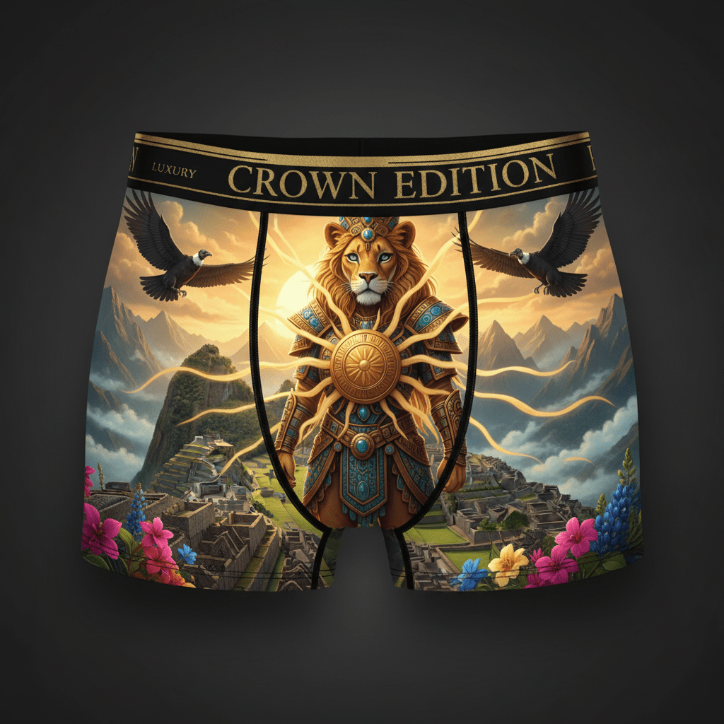 TITAN Incan Sun Lioness Women's Cozy Boxer Shorts Crown Edition — lioness in Incan sun goddess armor anime art on matte black