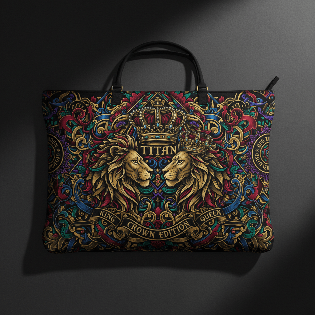 TITAN Printed Tote Bag Large — Black & Gold Crown Edition tattoo-style artwork