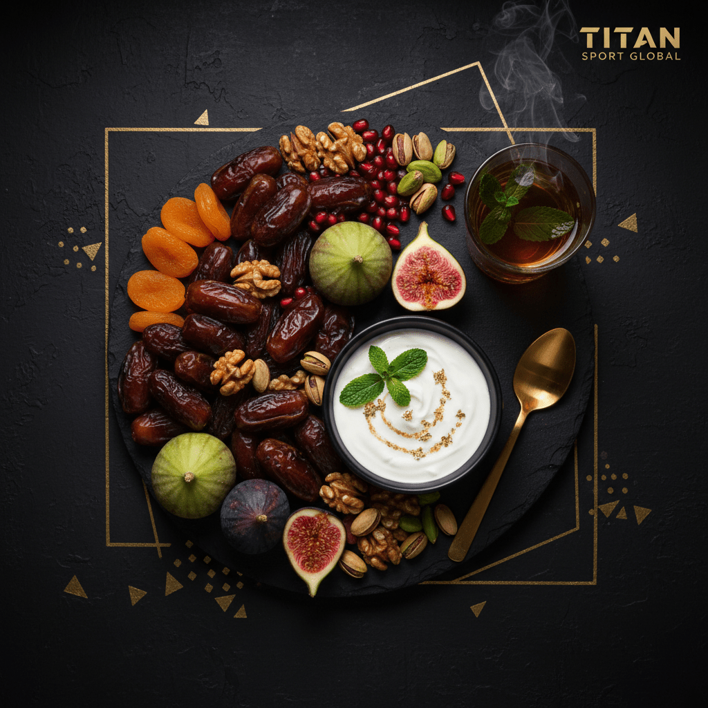 TITAN Middle Eastern Date Fig Vitamin Platter flat lay dark luxury