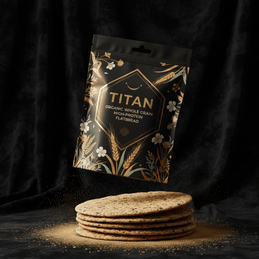 TITAN Organic High-Protein Flatbread Whole Grain — ultra-premium luxury editorial product shot