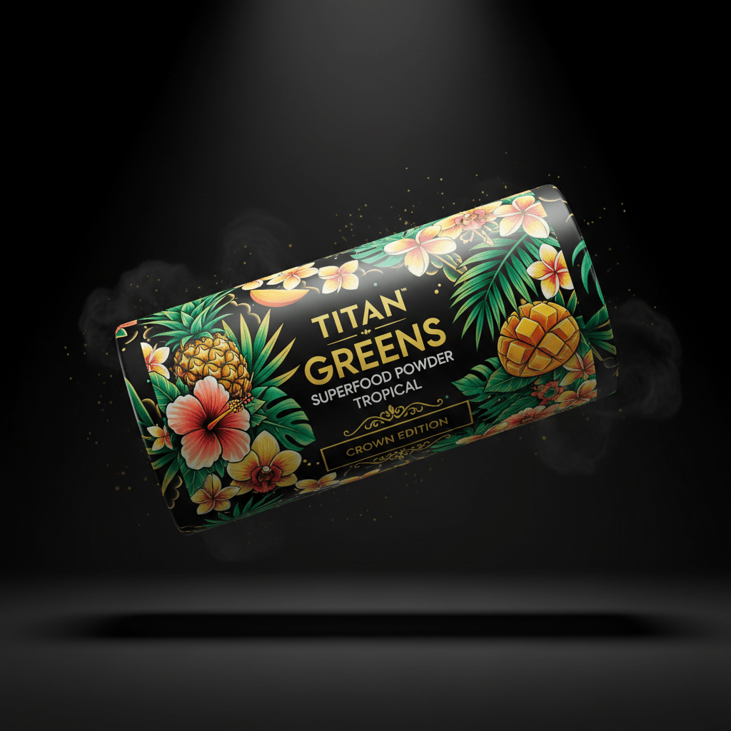 TITAN Greens Superfood Powder Tropical - Crown Edition tattoo-style artwork