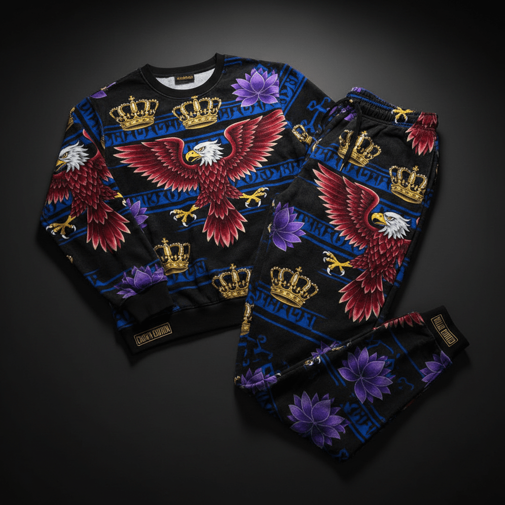 TITAN Crown Edition Tattoo Art Men's Lounge Jogger Set - bold eagle lotus tattoo artwork on matte black fleece