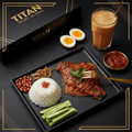 TITAN Malaysian Grilled Stingray Nasi Lemak Breakfast meal kit flat lay dark luxury