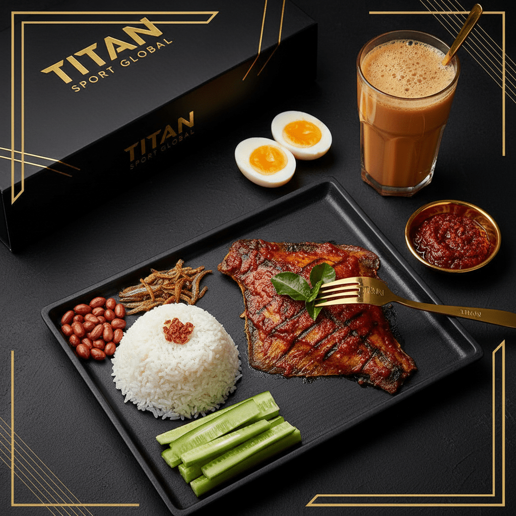 TITAN Malaysian Grilled Stingray Nasi Lemak Breakfast meal kit flat lay dark luxury