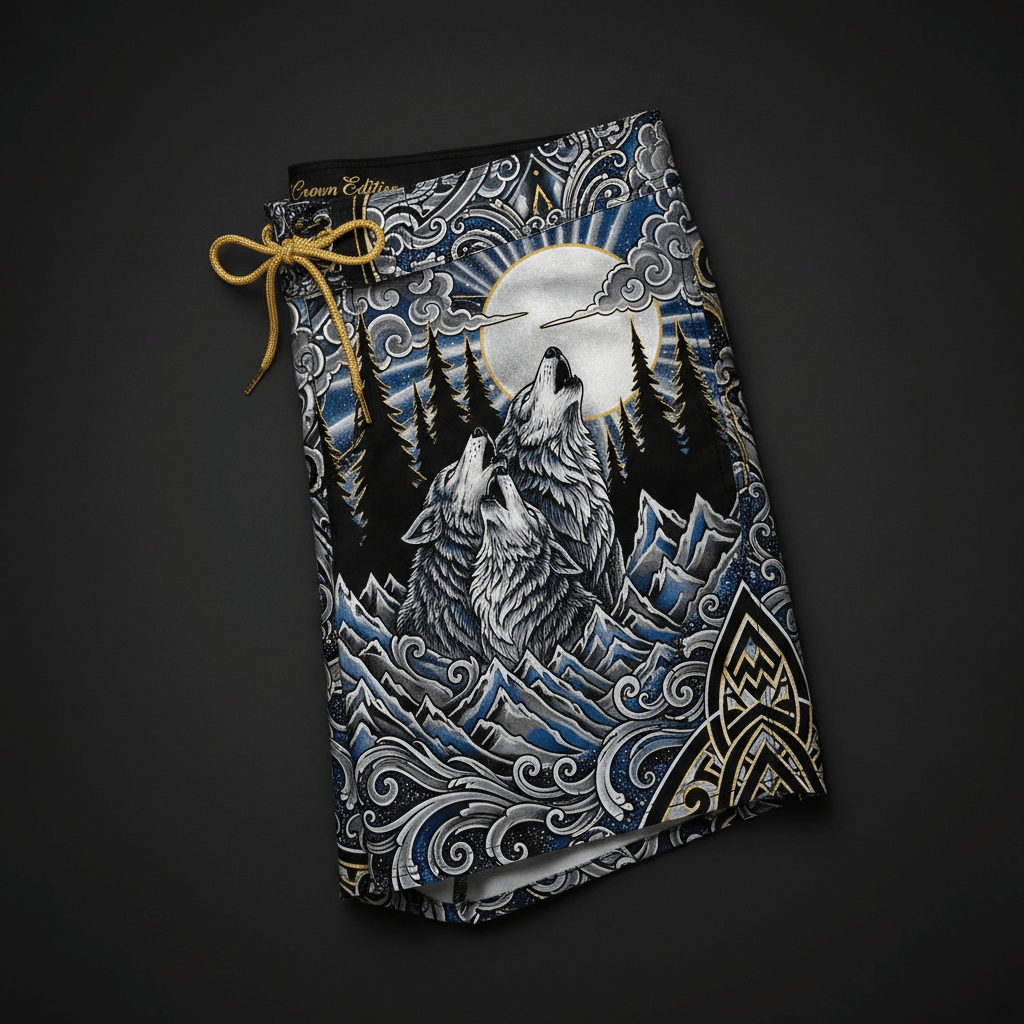 TITAN Crown Edition Men's Swim Trunks — Wolf Pack tattoo artwork on matte black fabric