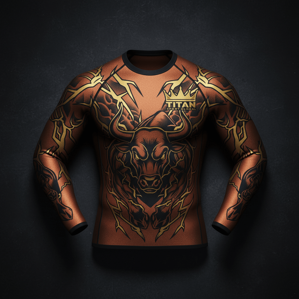 TITAN Men's Neoprene Sauna Compression Shirt Copper Bronze Bull Crown Edition flat lay