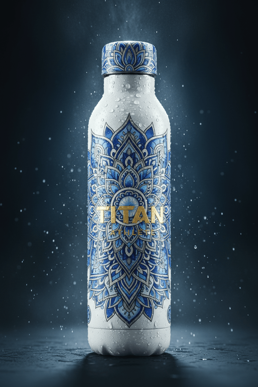 TITAN Athlete Insulated Water Bottle 32oz All White — Crown Edition mandala lotus tattoo upright hero shot