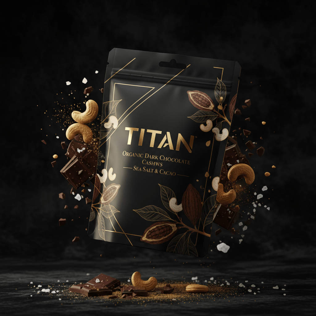 TITAN Organic Dark Chocolate Cashews Sea Salt & Cacao — ultra-premium luxury editorial product shot