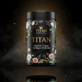 TITAN Organic Vegan Collagen Peptides supplement bottle with Crown Edition matte black and gold packaging featuring botanical watercolor flower and vine artwork in rose pink and emerald green