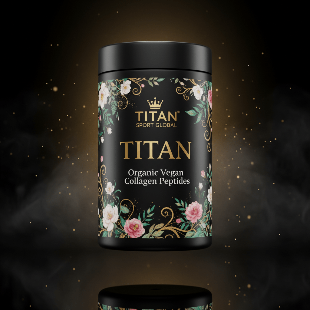 TITAN Organic Vegan Collagen Peptides supplement bottle with Crown Edition matte black and gold packaging featuring botanical watercolor flower and vine artwork in rose pink and emerald green