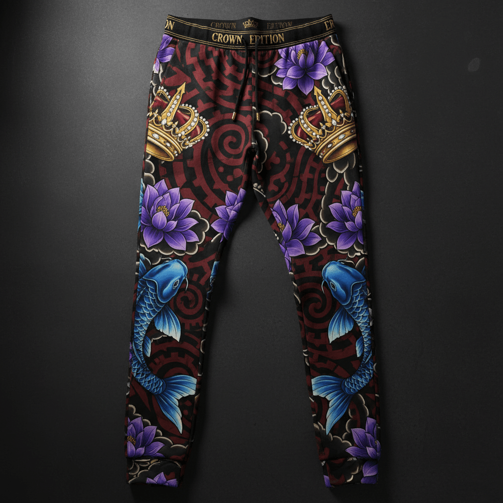 TITAN Crown Edition Tattoo Art Men's Slim Lounge Joggers - bold colorful tattoo artwork on matte black fabric