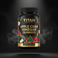 TITAN Apple Cider Vinegar Gummies supplement bottle with Crown Edition matte black and gold packaging featuring bold geometric apple artwork