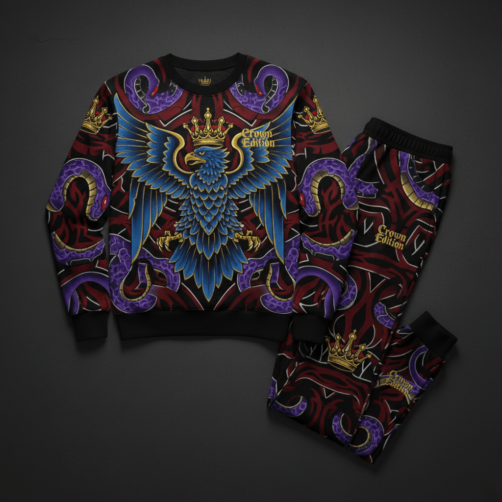 TITAN Crown Edition Tattoo Art Men's Lounge Matching Set - bold eagle tribe tattoo artwork on matte black fleece