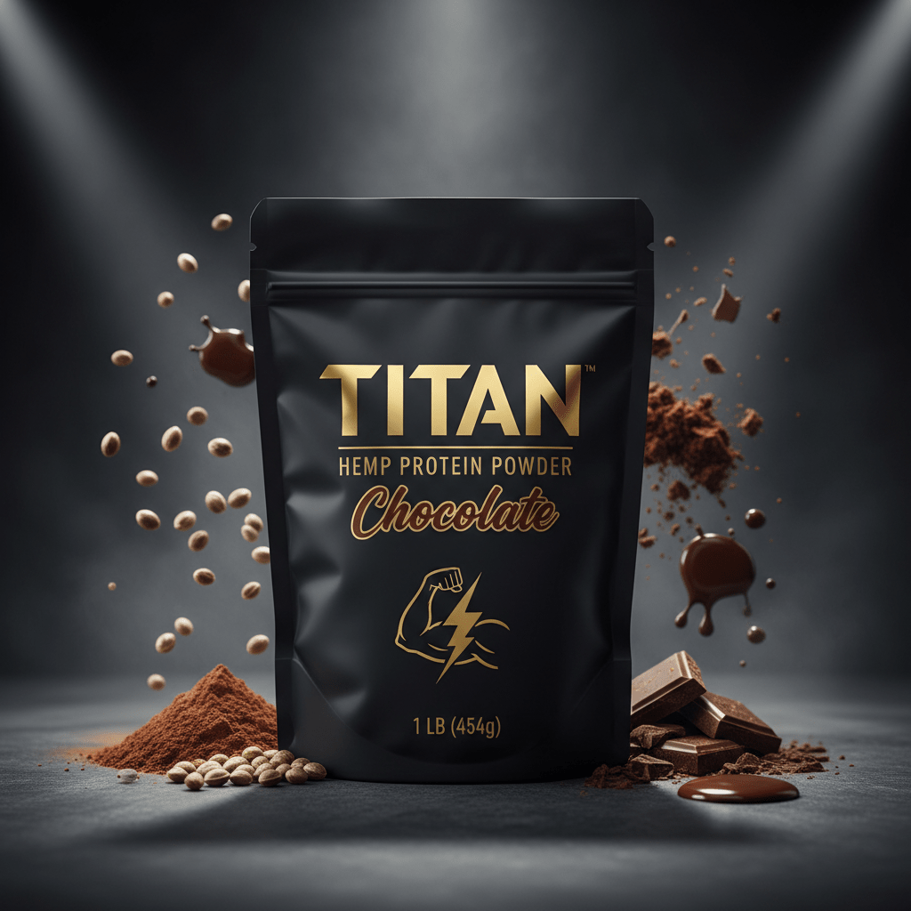 TITAN Hemp Protein Powder - Chocolate 1lb bag premium black and gold branding