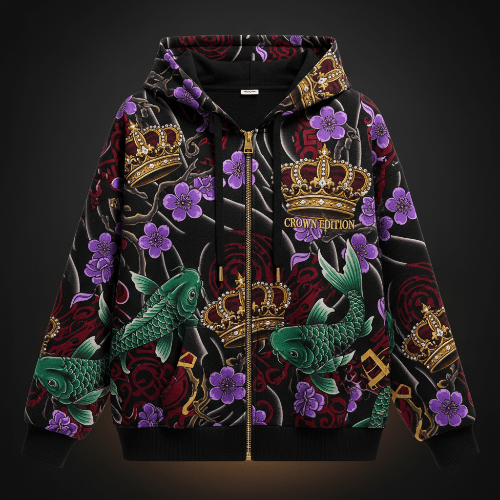 TITAN Crown Edition Tattoo Art Women's Lounge Zip-Up Hoodie - bold blossom koi tattoo artwork on matte black fleece