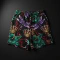 TITAN Crown Edition Tattoo Art Women's Lounge Jogger Shorts - bold colorful tattoo artwork on matte black French terry