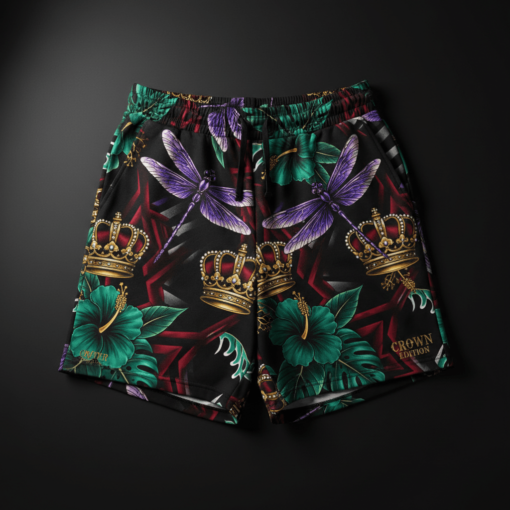 TITAN Crown Edition Tattoo Art Women's Lounge Jogger Shorts - bold colorful tattoo artwork on matte black French terry