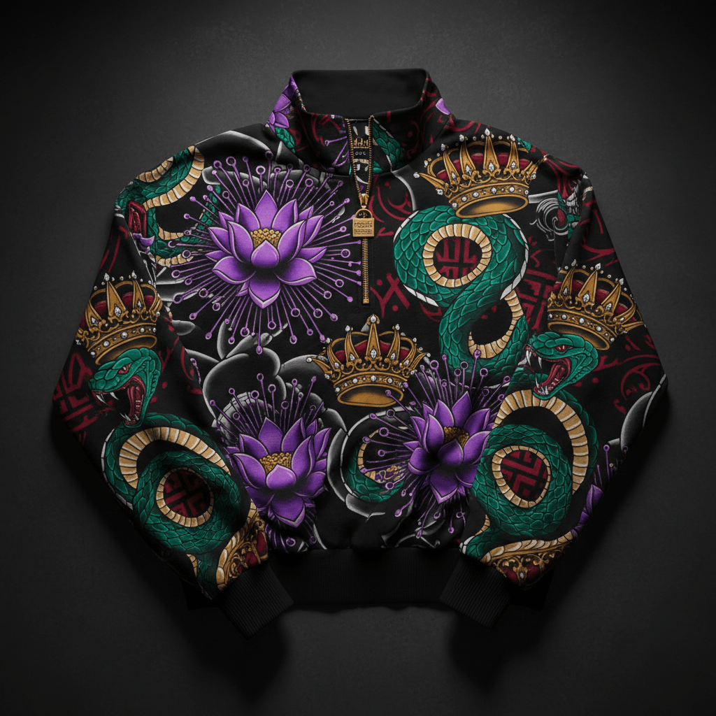 TITAN Crown Edition Tattoo Art Women's Lounge Quarter-Zip Pullover - bold lotus serpent tattoo artwork on matte black heavyweight fabric