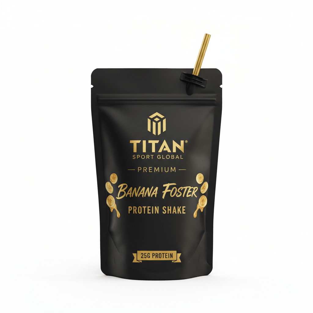 TITAN Protein Shake Pouch Banana Foster — matte black pouch