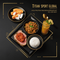 TITAN Indonesian Grilled Tuna Tempeh Breakfast meal kit flat lay dark luxury