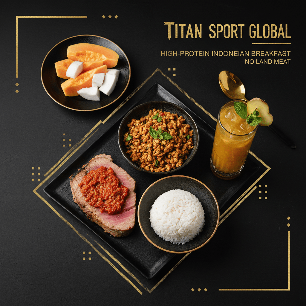 TITAN Indonesian Grilled Tuna Tempeh Breakfast meal kit flat lay dark luxury