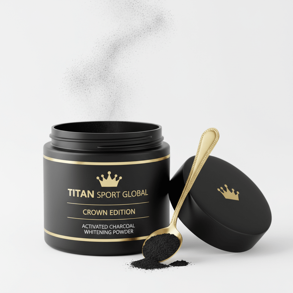 TITAN Crown Edition Activated Charcoal Teeth Whitening Powder — matte black glass jar