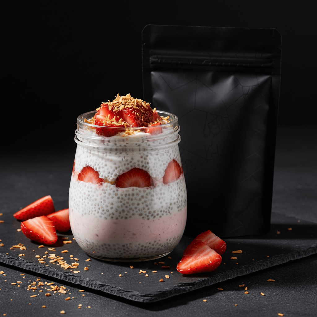 TITAN Protein Chia Pudding Kit – Strawberry Coconut, premium product photography