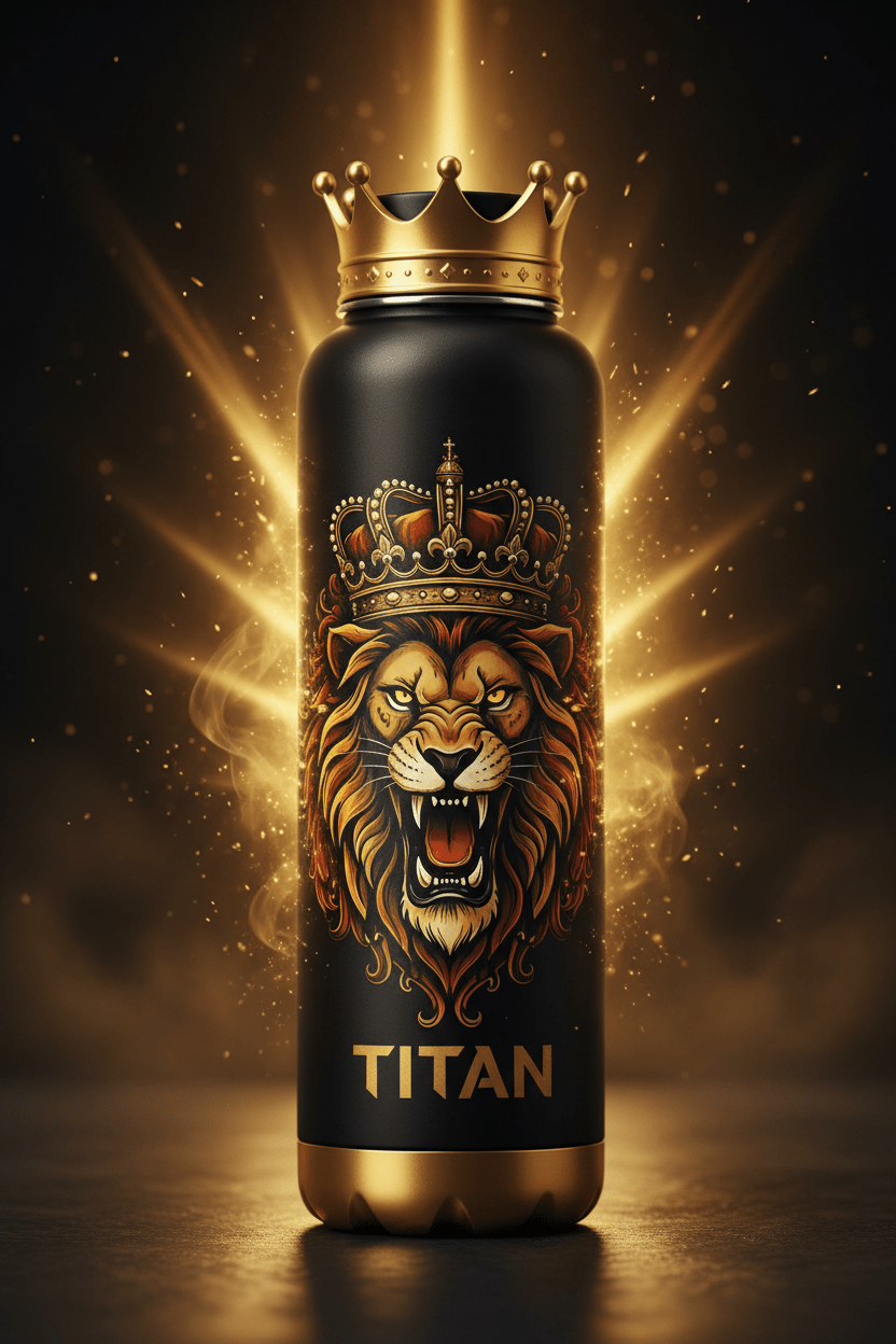 TITAN Athlete Insulated Water Bottle 32oz Black & Gold — Crown Edition lion crown tattoo upright hero shot