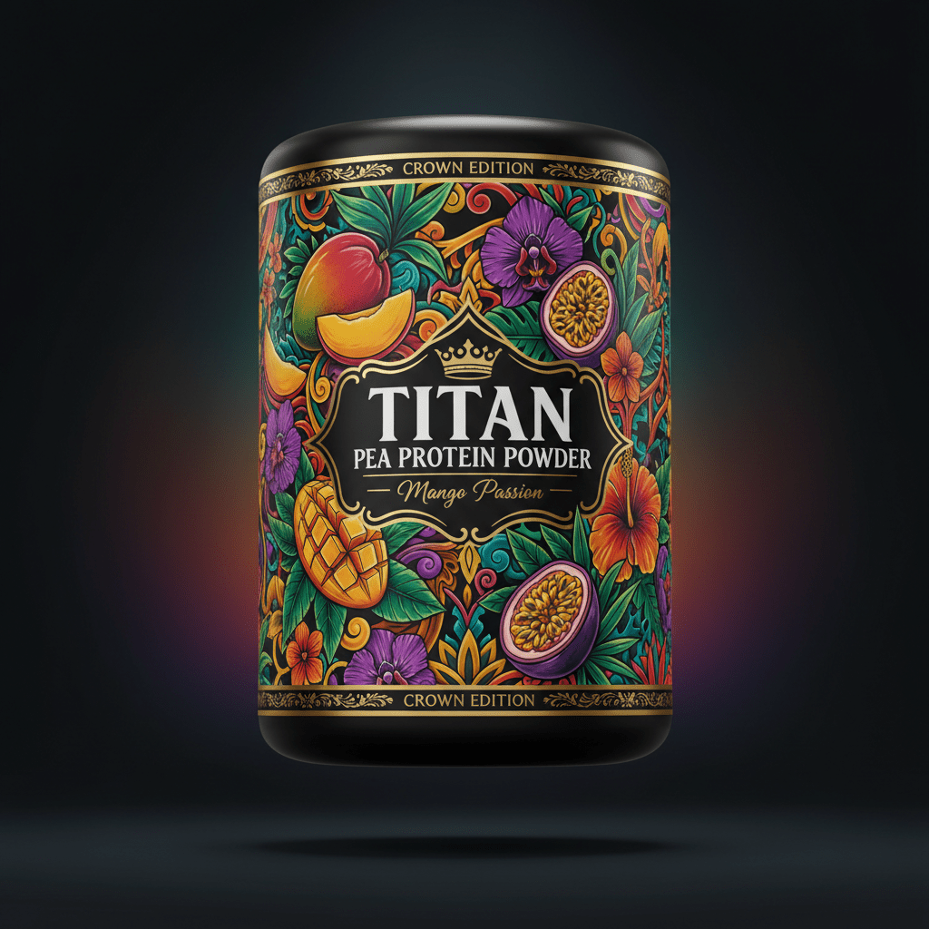 TITAN Pea Protein Powder — Mango Passion, Crown Edition tattoo-style artwork