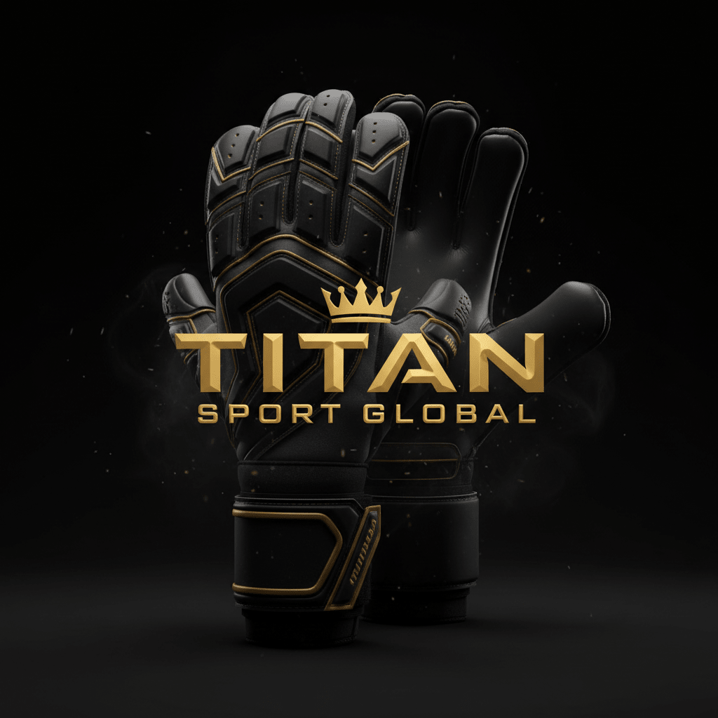 TITAN SPORT GLOBAL branded goalkeeper gloves on dark background with gold accents